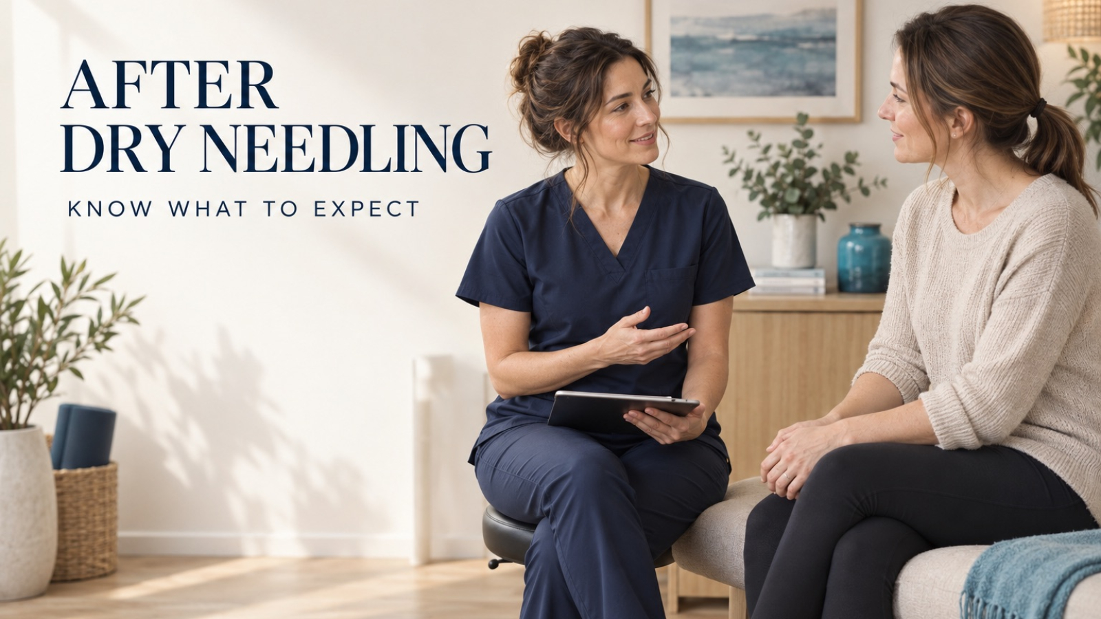 AI-generated illustration of a woman physiotherapist discussing aftercare with a woman patient beside the words After dry needling.