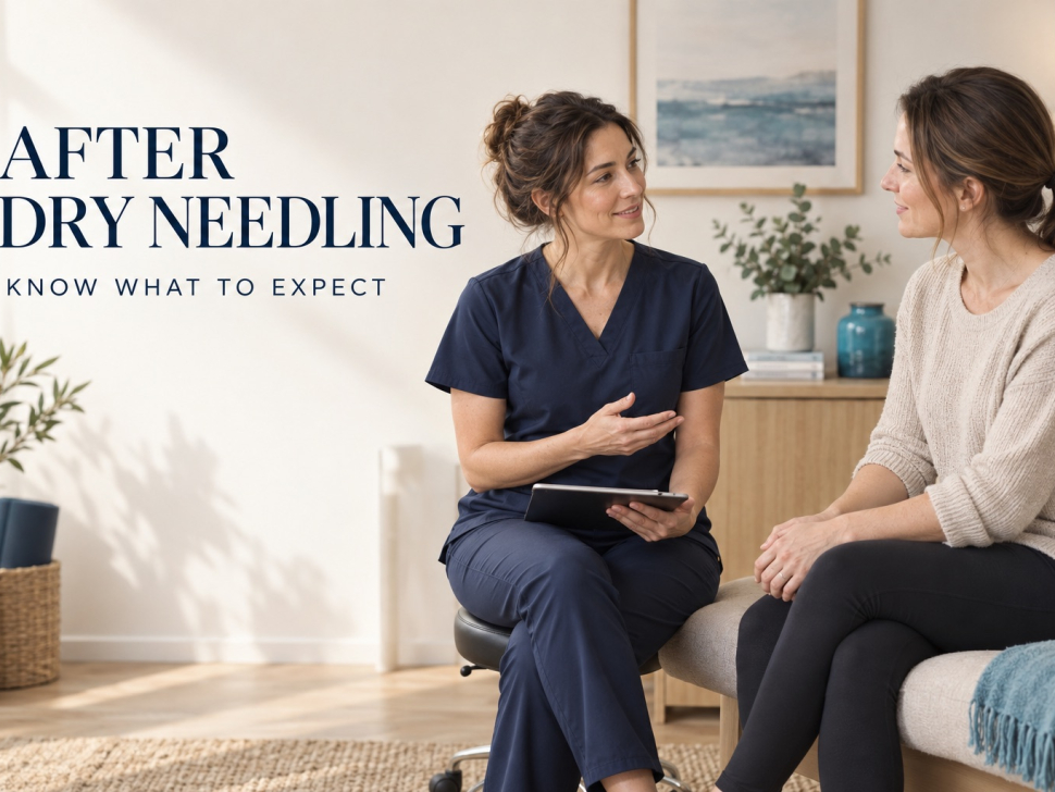AI-generated illustration of a woman physiotherapist discussing aftercare with a woman patient beside the words After dry needling.