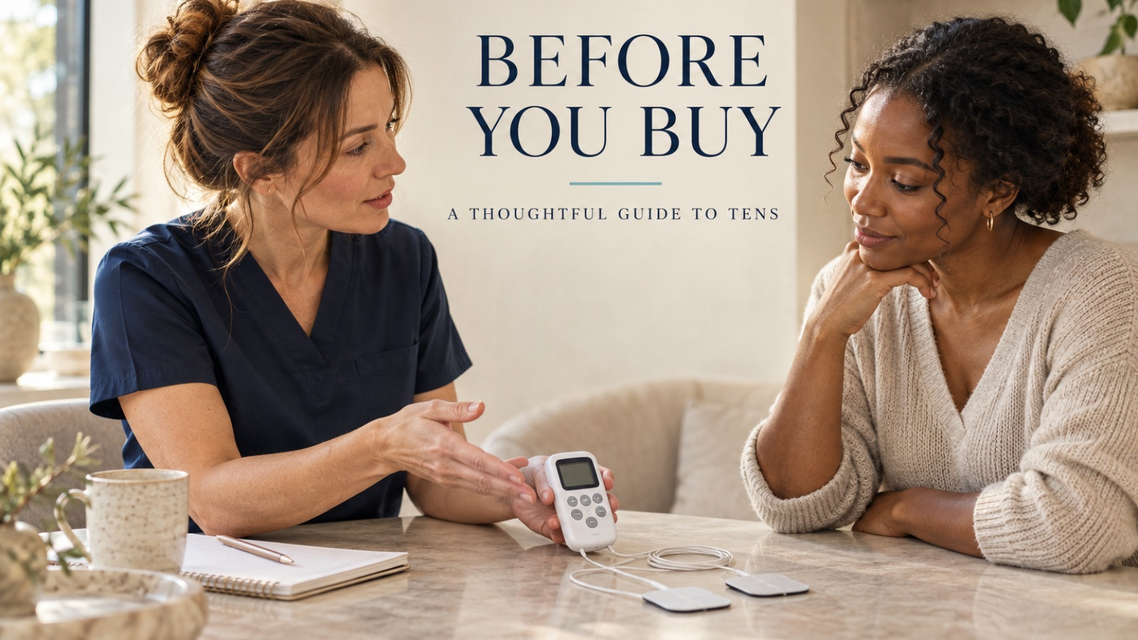 AI-generated illustration of a woman physiotherapist discussing an inactive TENS device with a woman patient in an imagined consultation room.