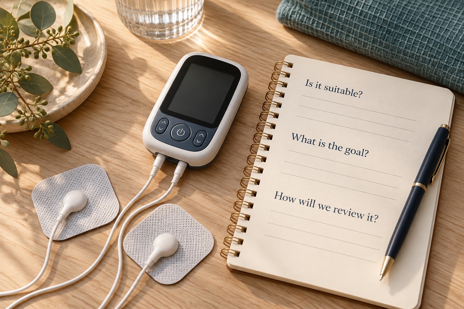 Illustrative TENS device beside three questions: Is it suitable, what is the goal, and how will we review it?