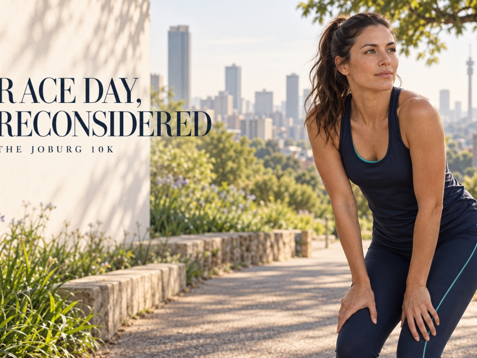 AI-generated illustration of a woman runner pausing on a Johannesburg-inspired path beside the words Race day, reconsidered.