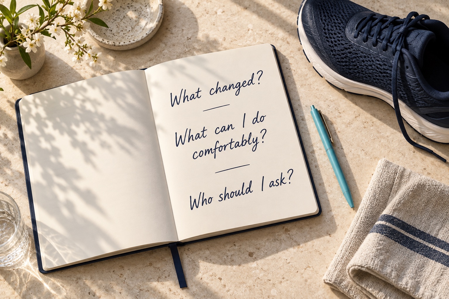 Illustrative notebook asking: What changed? What can I do comfortably? Who should I ask?