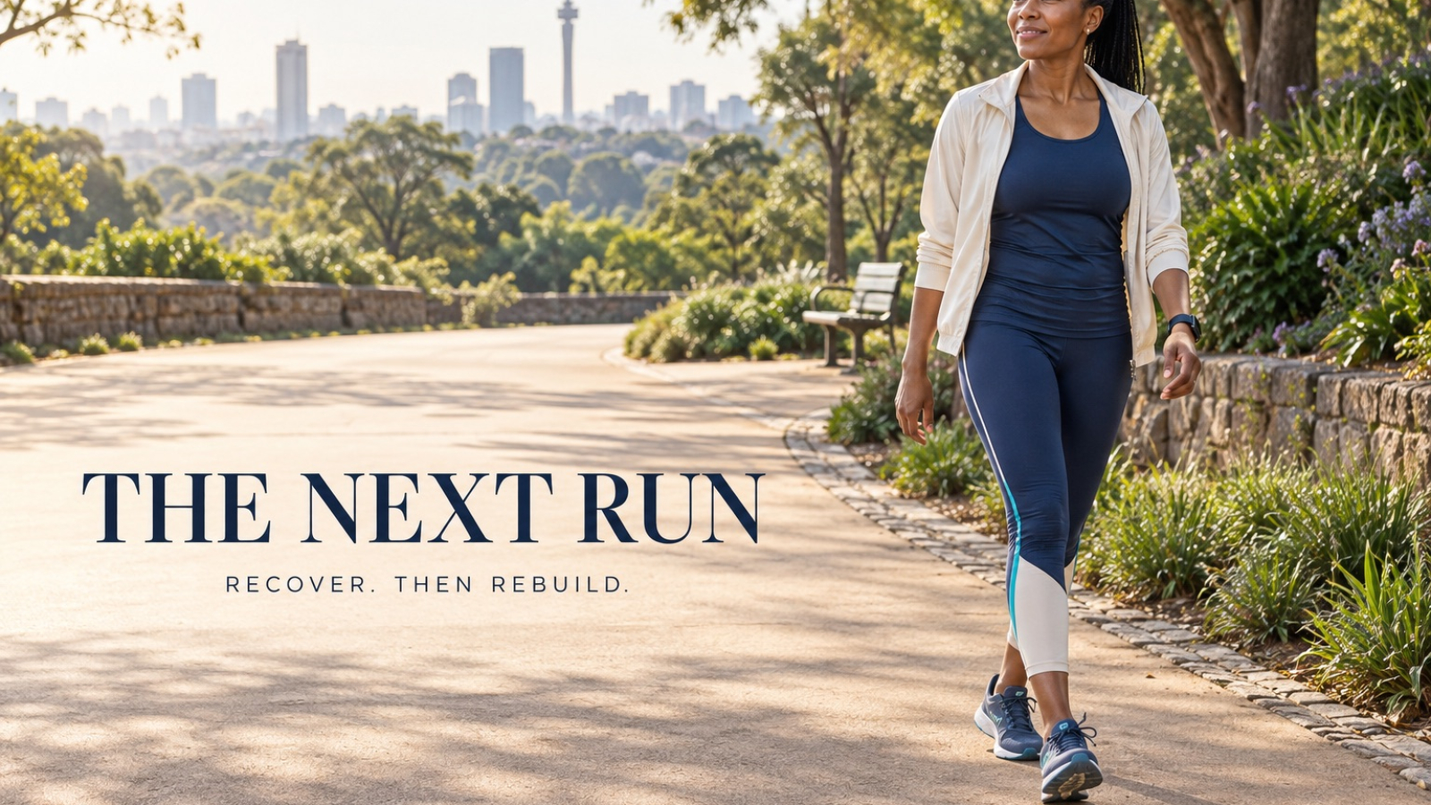 AI-generated illustration of a woman walking on a Johannesburg-inspired park path beside the words The next run.