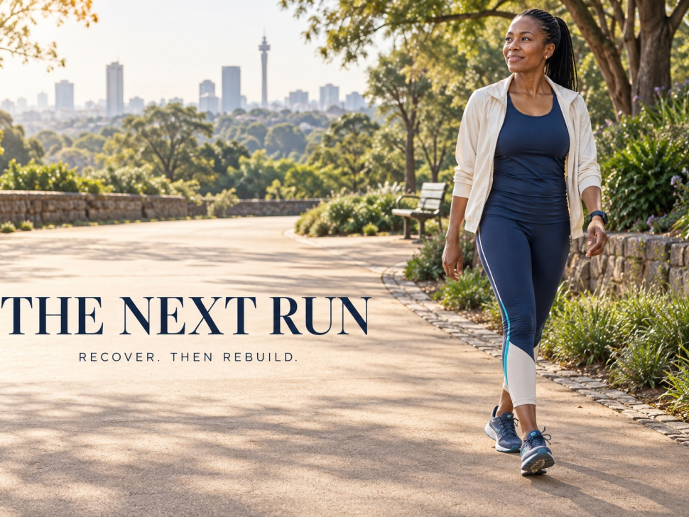 AI-generated illustration of a woman walking on a Johannesburg-inspired park path beside the words The next run.