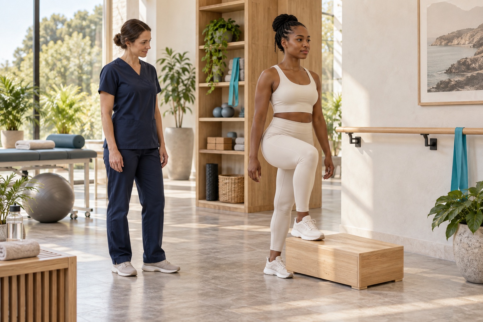 AI-generated illustration of a woman physiotherapist observing a woman practising a low step-up in a rehabilitation room.