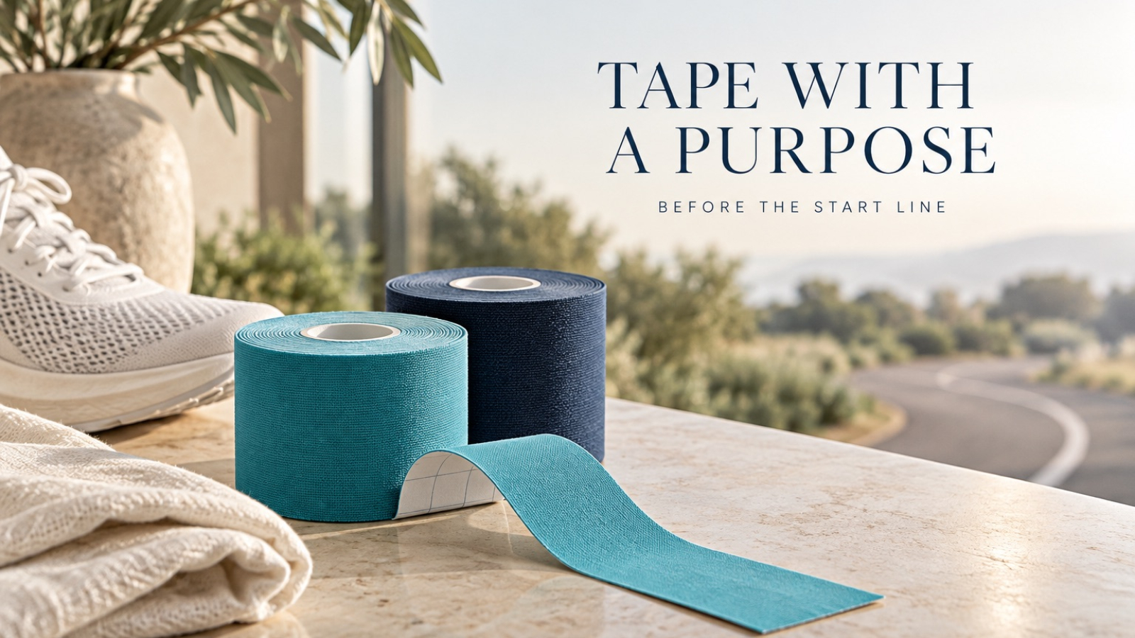 AI-generated editorial still life of navy and teal kinesiology tape beside an imagined running circuit, with the words Tape with a purpose.