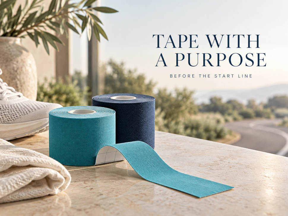 AI-generated editorial still life of navy and teal kinesiology tape beside an imagined running circuit, with the words Tape with a purpose.