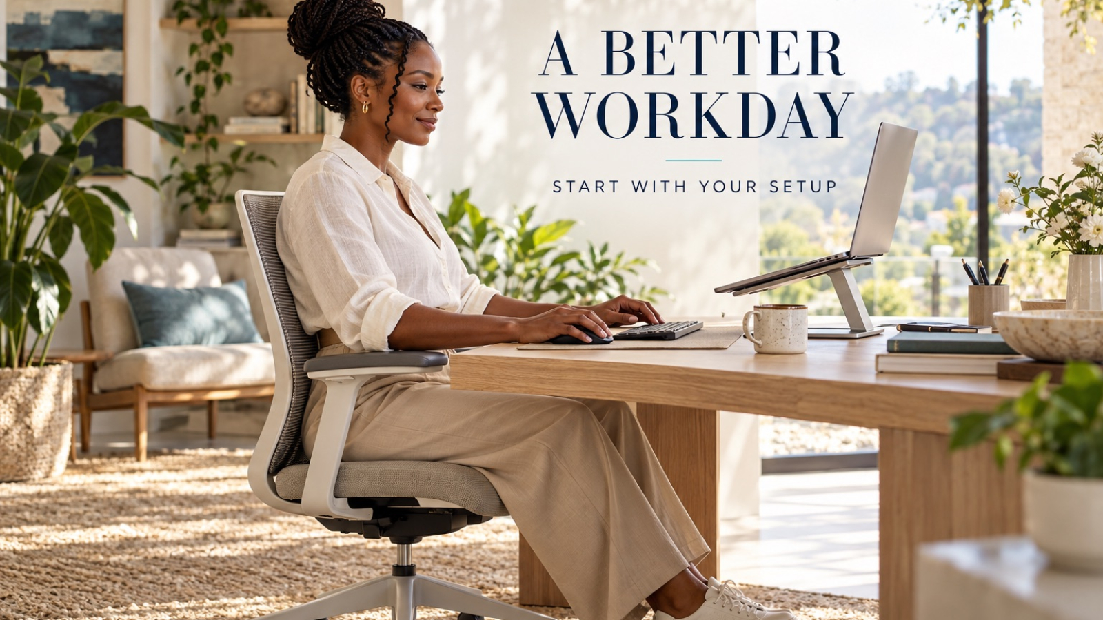 AI-generated illustration of a woman working at a raised laptop with a separate keyboard in an imagined home office.