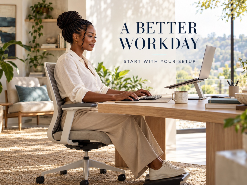 AI-generated illustration of a woman working at a raised laptop with a separate keyboard in an imagined home office.