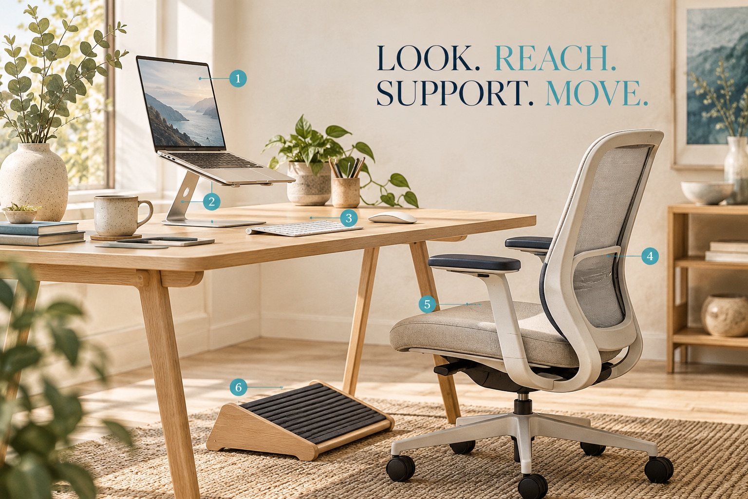 Illustrative workstation with numbered screen, stand, keyboard, back support, seat and foot support details.