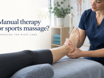 A woman physiotherapist supporting a patient’s ankle beside the title Manual therapy or sports massage? AI-generated illustration.