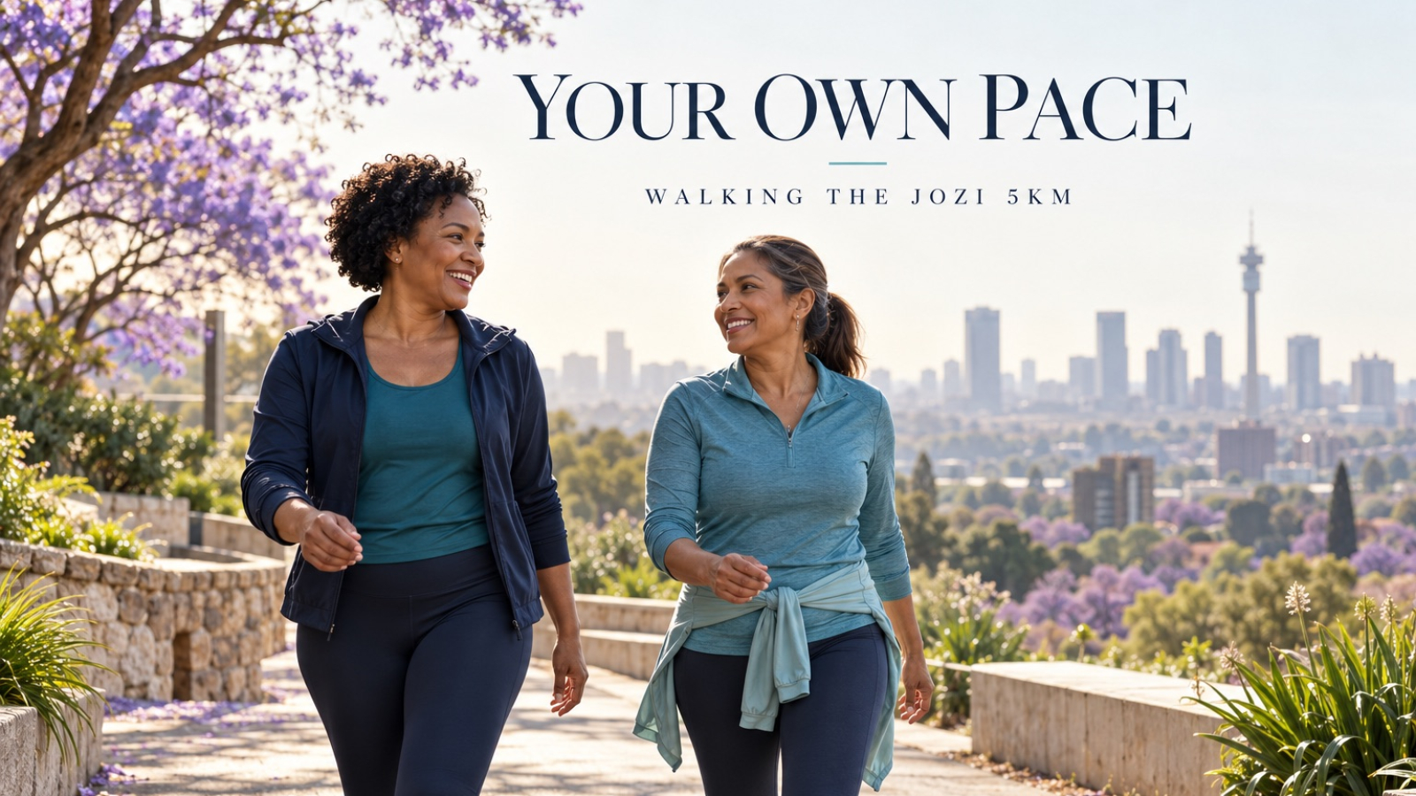 AI-generated illustration of two women walking together in a Johannesburg-inspired spring park beside the words Your own pace.