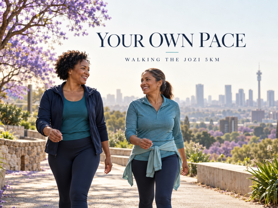 AI-generated illustration of two women walking together in a Johannesburg-inspired spring park beside the words Your own pace.