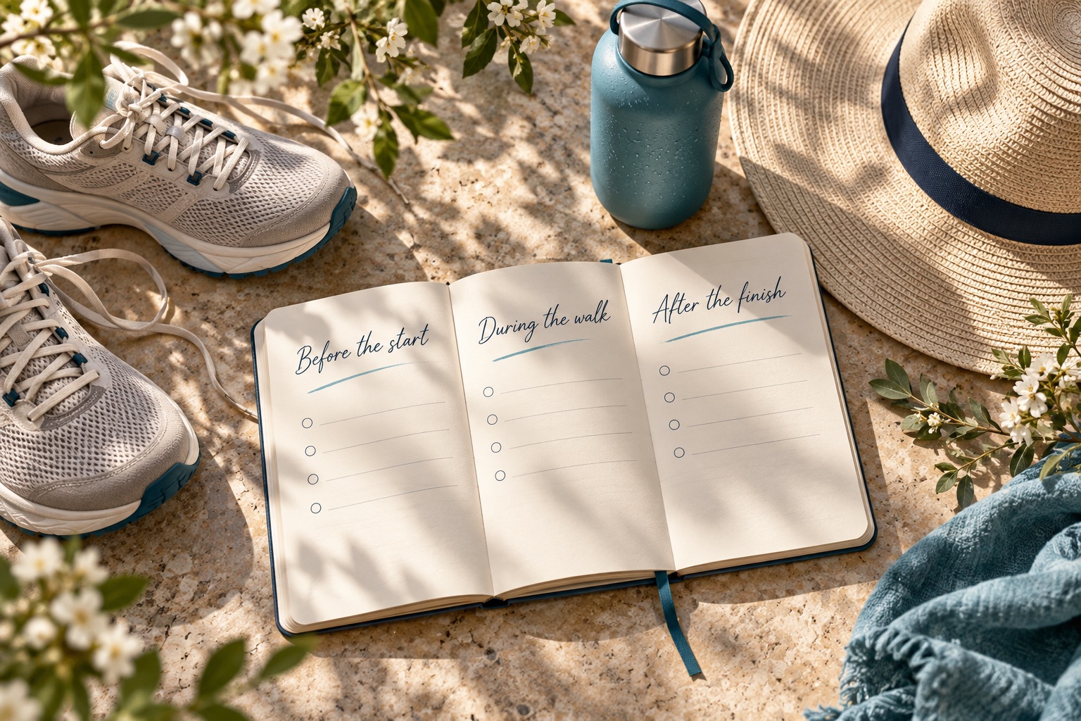 Illustrative walking essentials and a notebook organised around before the start, during the walk and after the finish.